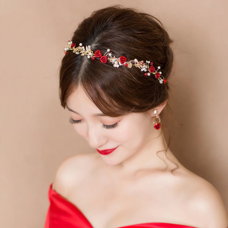 Phụ kiện cài tóc cô dâu màu đỏ phong cách Trung Hoa đơn giản