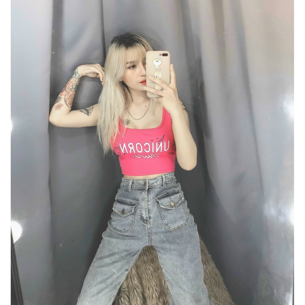Áo ba lỗ croptop ôm body in chữ trước ngực cực xinh , chất thun bozip dày dặn mềm mịn