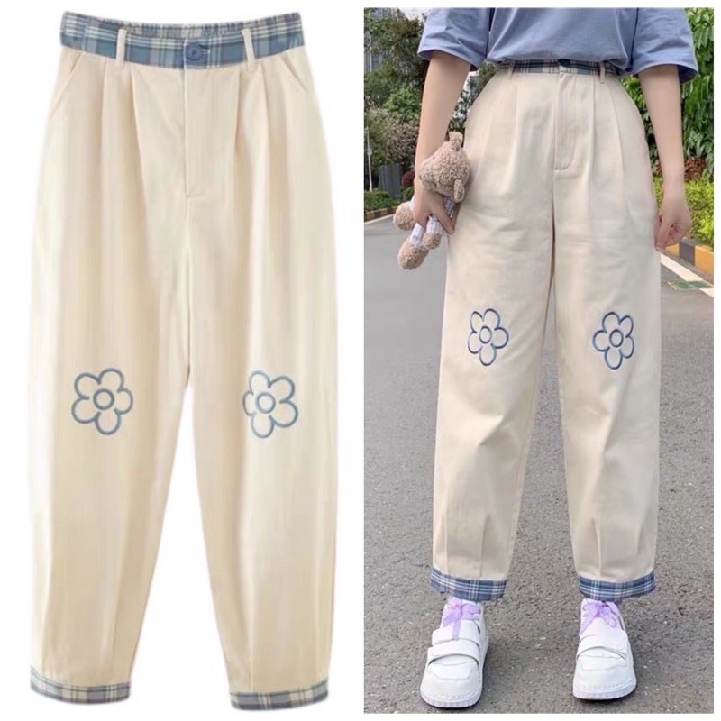 Quần Kaki Ống rộng dáng suông Thêu Hoa Lucky Ulzzang