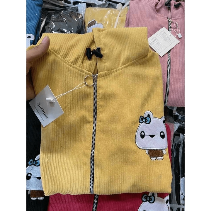 Áo Khoác Nữ Form Rộng Thêu Logo Thỏ Trắng Vải Nhung Gân Phong Cách Ulzzang  TP[NewUnisex]