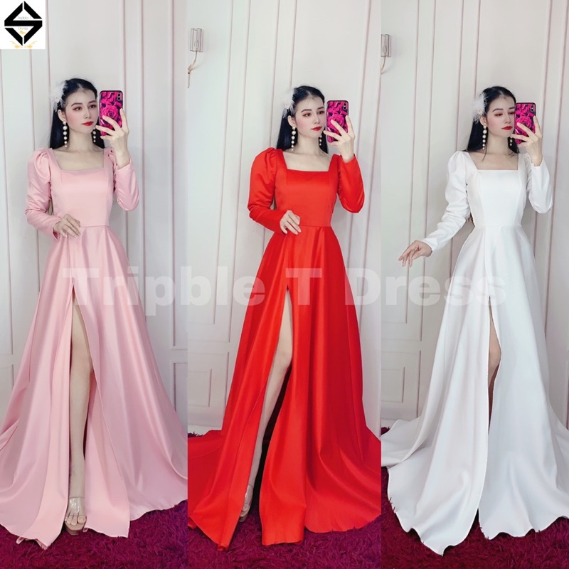 Đầm maxi dự tiệc mặc cưới xẻ đùi tay dài cổ vuông TRIPBLE T DRESS-Size S/M/L- MS284V