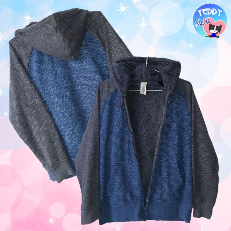 Teddy Meow - Áo Khoác Hoodie Zipper Thun Nỉ Lót Bông Màu Xanh Phối Xám, Có Nón và Túi, Dày Dặn, Ấm áp, Chất Đẹp