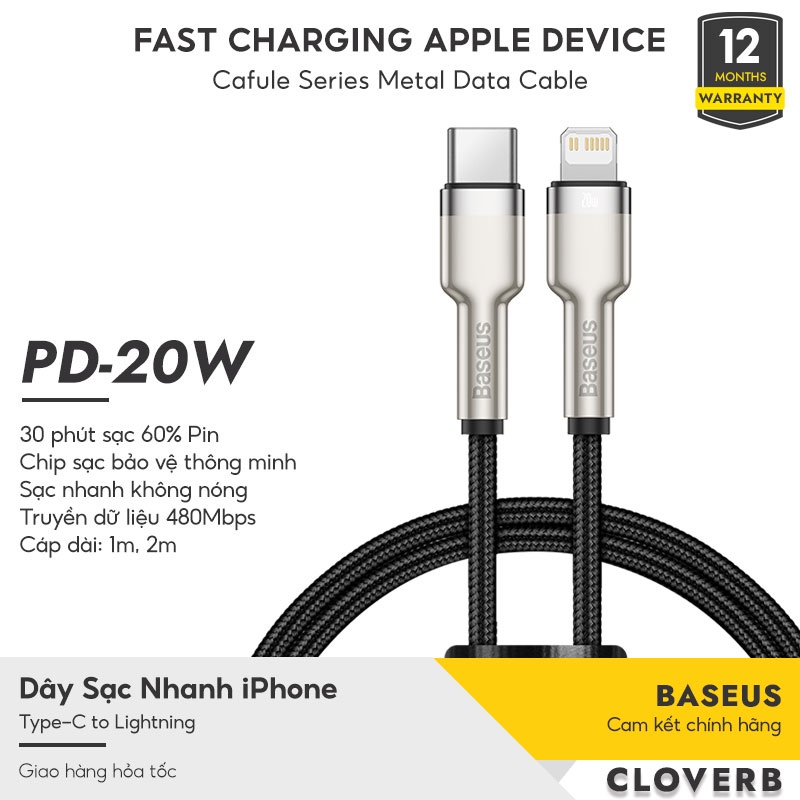 Dây Sạc iPhone PD 20W Baseus Cafule Series Metal Type C to Lighting Hỗ Trợ Sạc Nhanh PD 18W Cho iPhone 12, iPhone 11