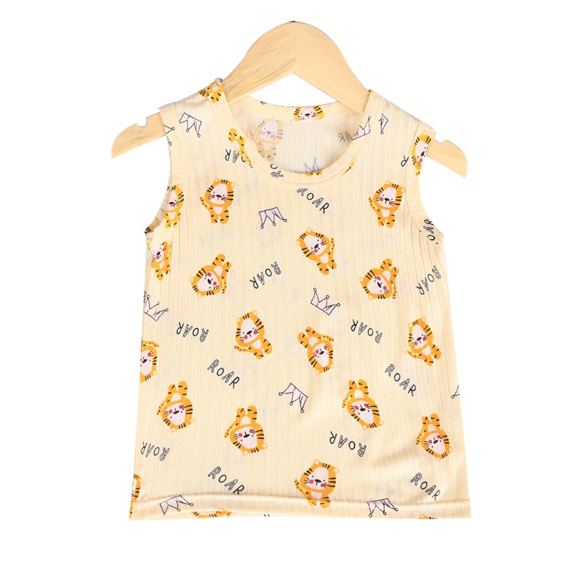 Áo Thun Sát Nách Cổ Tròn Bằng Lụa Lạnh Thoáng Khí In Họa Tiết Hoạt Hình Phong Cách Hàn Quốc Cho Bé 90-150cm