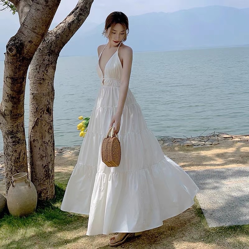 Đầm maxi trắng hở lưng Briebrie cao cấp chất liệu chéo mịn, sang chảnh - 240