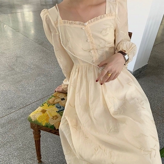 Đầm Maxi Tay Dài Cổ Vuông Họa Tiết Thêu Thời Trang Mùa Hè Size S-XL Màu Be Cho Nữ