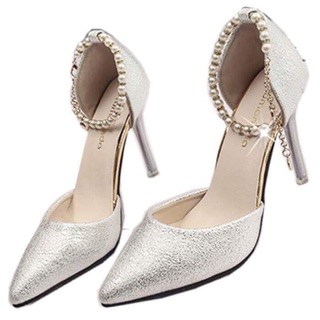 Giầy cao gót ánh bạc , quai ngọc trai