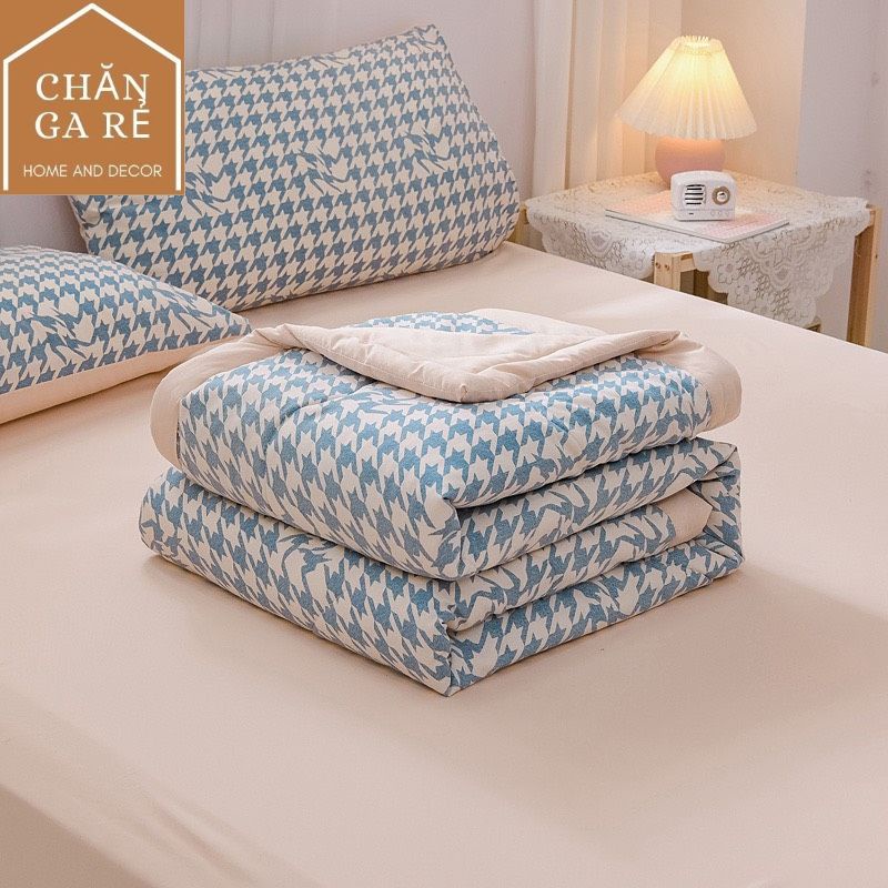 [Hàng nhập] Bộ chăn ga cottong đũi kẻ chăn trần bông freesize (bo chun theo yêu cầu)
