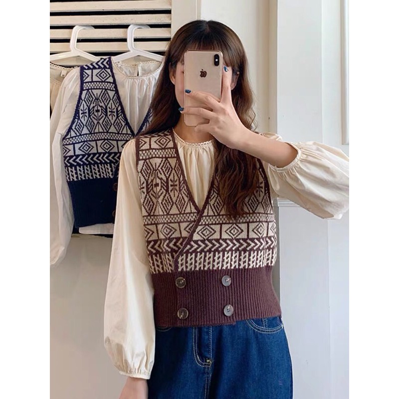 Áo gile phối cúc thổ cẩm cổ V tiểu thư forgirl phong cách Hàn Quốc | BigBuy360 - bigbuy360.vn