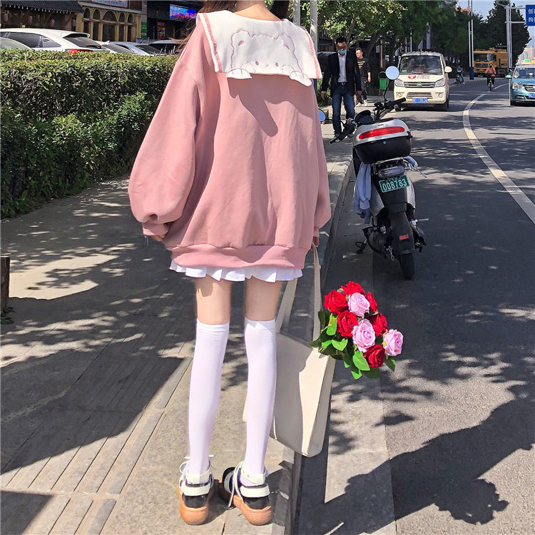 Áo Hoodie Tay Dài Dáng Rộng Phối Nơ Dễ Thương Cho Nữ