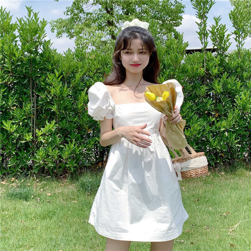 Đầm Nữ Cổ Vuông Tay Phồng Thắt Nơ Eo Thời Trang đầm bầu váy nữ váy bé gái váy dài chân váy dài váy nữ chân váy dài