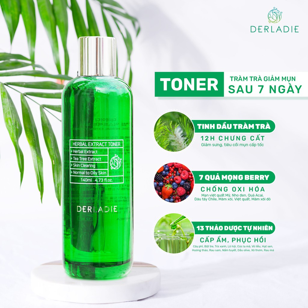 Toner Derladie Tràm Trà - Nước Hoa Hồng Giảm Mụn Cho Da Nhạy Cảm Derladie Herbal Extract Toner - Chai Màu Xanh 140ml