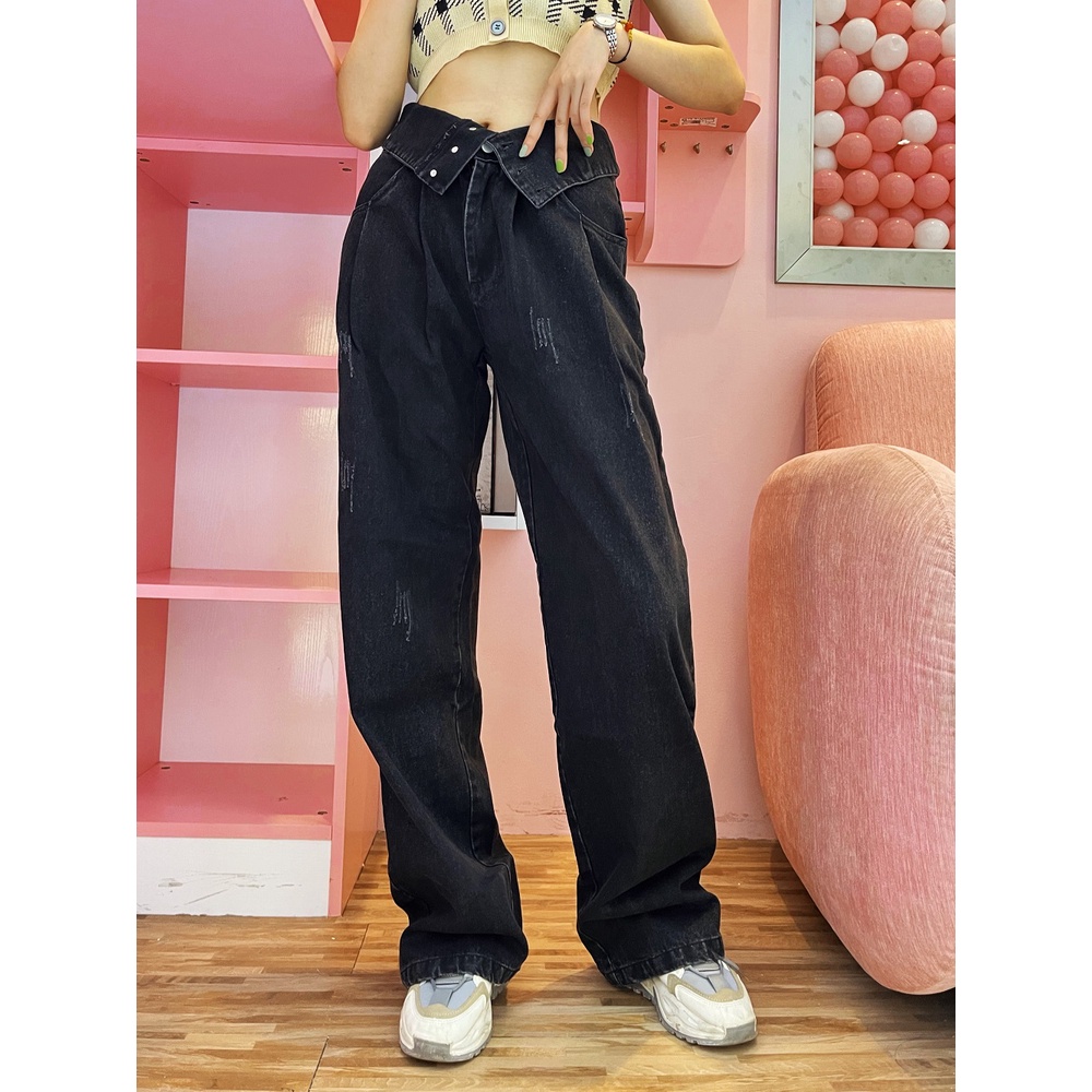 Quần jean ZHELIHANGFEI lưng cao ống rộng phong cách retro Âu Mỹ thời trang cho nữ