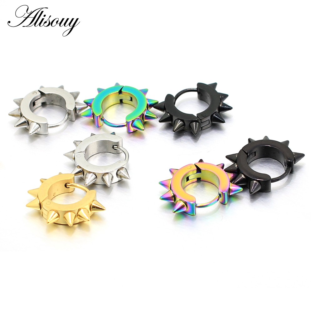 Alisouy Set 2 Khuyên Tai Tròn Bằng Thép Không Gỉ 4 Màu Phong Cách punk rock
