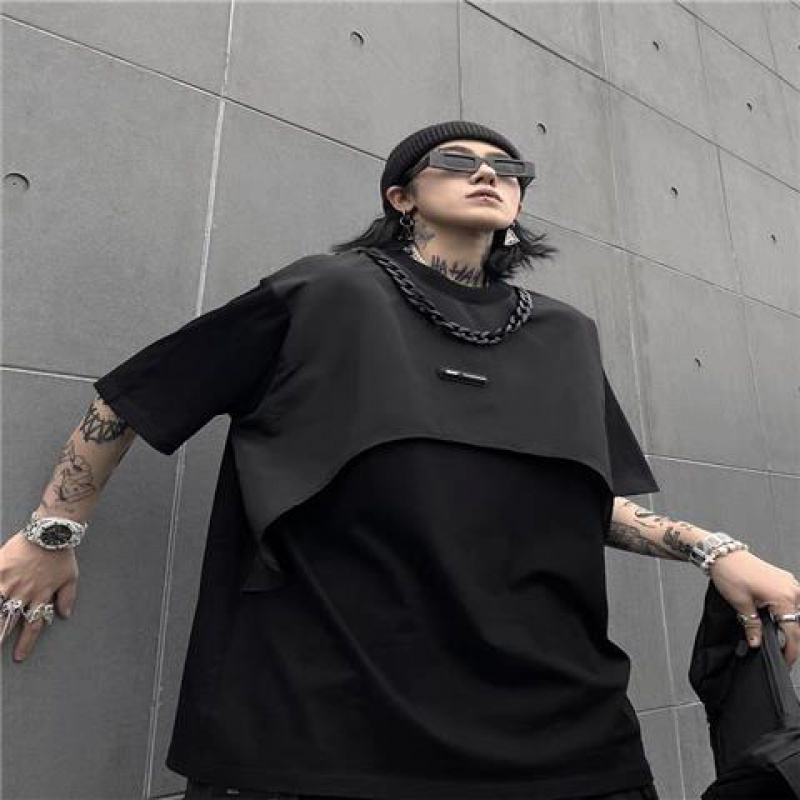 Áo Thun Tay Ngắn Phối Dây Xích Giả Hai Lớp Màu Đen Thời Trang Mùa Hè Dành Cho Nam Và Nữ