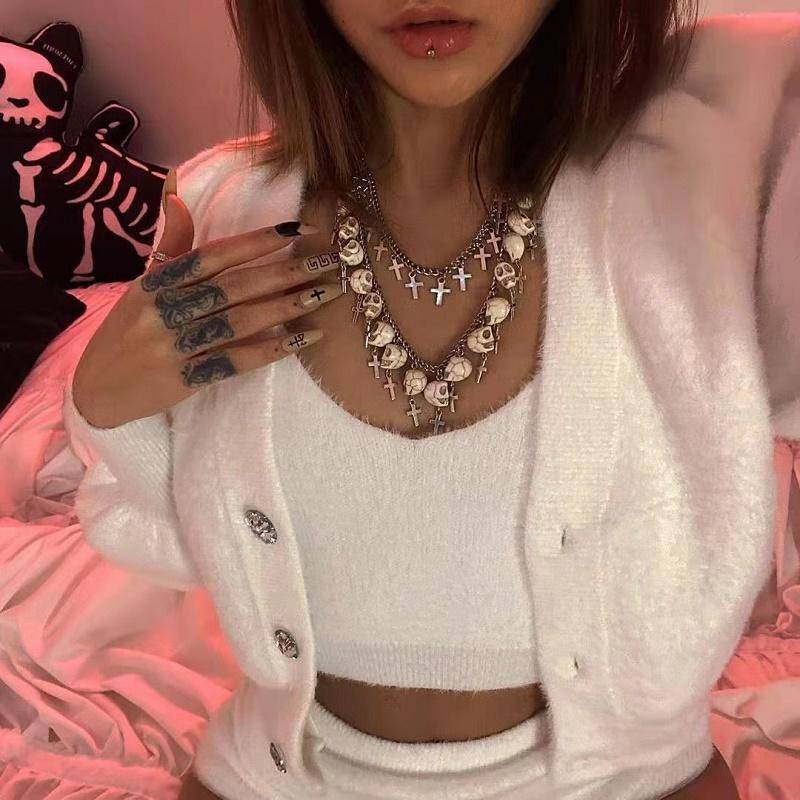 Vòng cổ Hai Lớp Mặt Đầu Lâu Và Thánh Giá Phong Cách Harajuku