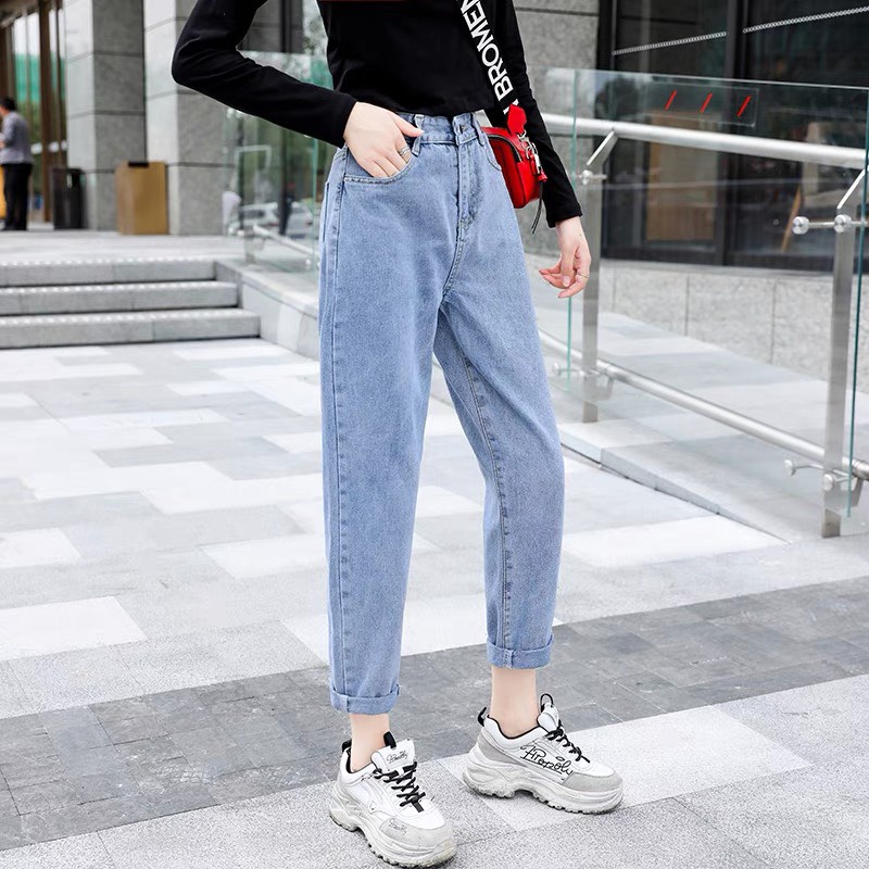 Quần Baggy Jean Nữ Trơn Basic Chất Bò Dày Dặn 2 màu Đen và Xanh Dễ Mặc Dễ Phối