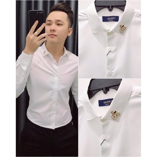 Áo Sơ Mi Nam Dài Tay Logo Đính Cổ Vải Lụa Cao Cấp, Áo Sơmi Trắng Đen Dáng Ôm Form Body, T-man