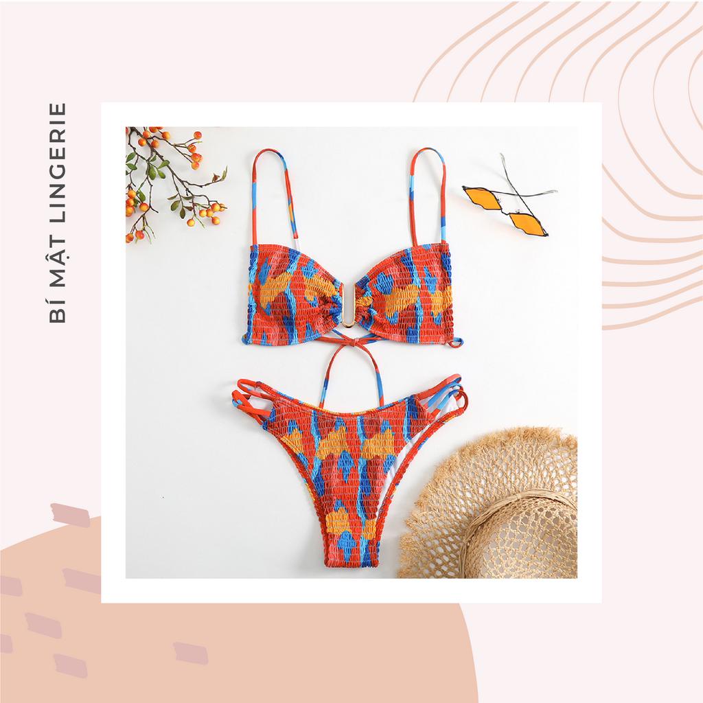 Bikini đồ bơi 2 mảnh cạp cao che bung kín đáo dây rút lưng trần cam đất cao cấp tôn da