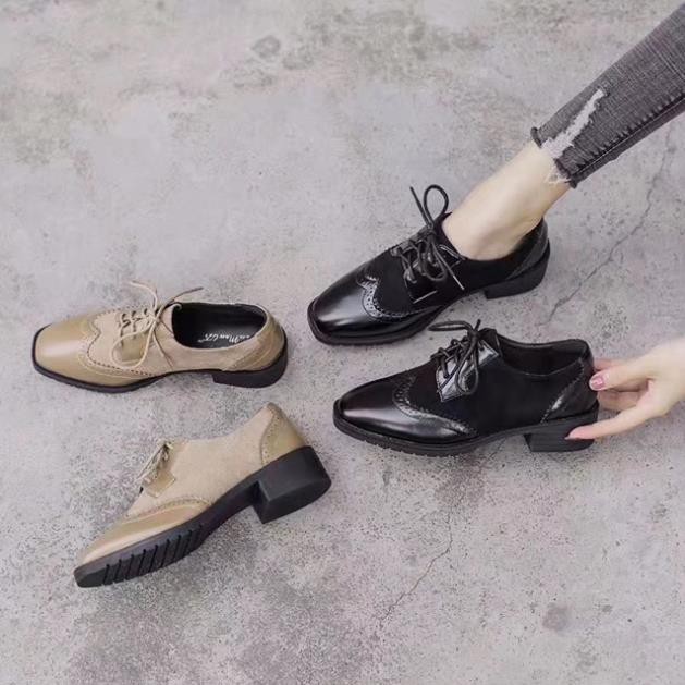 (Có sẵn Đủ size) Giày Oxford nữ cao cấp phối da lộn da lì (Màu Đen Nâu) Đế cao su 4p phân cm tôn dáng dễ phối đồ -h91 | BigBuy360 - bigbuy360.vn
