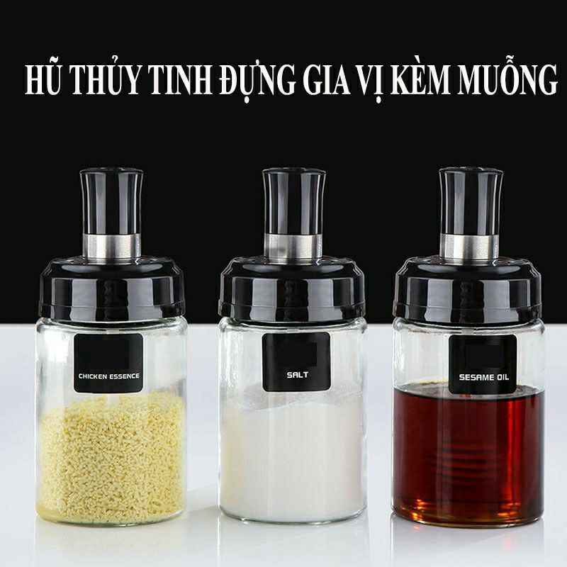 Hũ đựng gia vị thủy tinh kèm muỗng và nắp nhựa 250ml