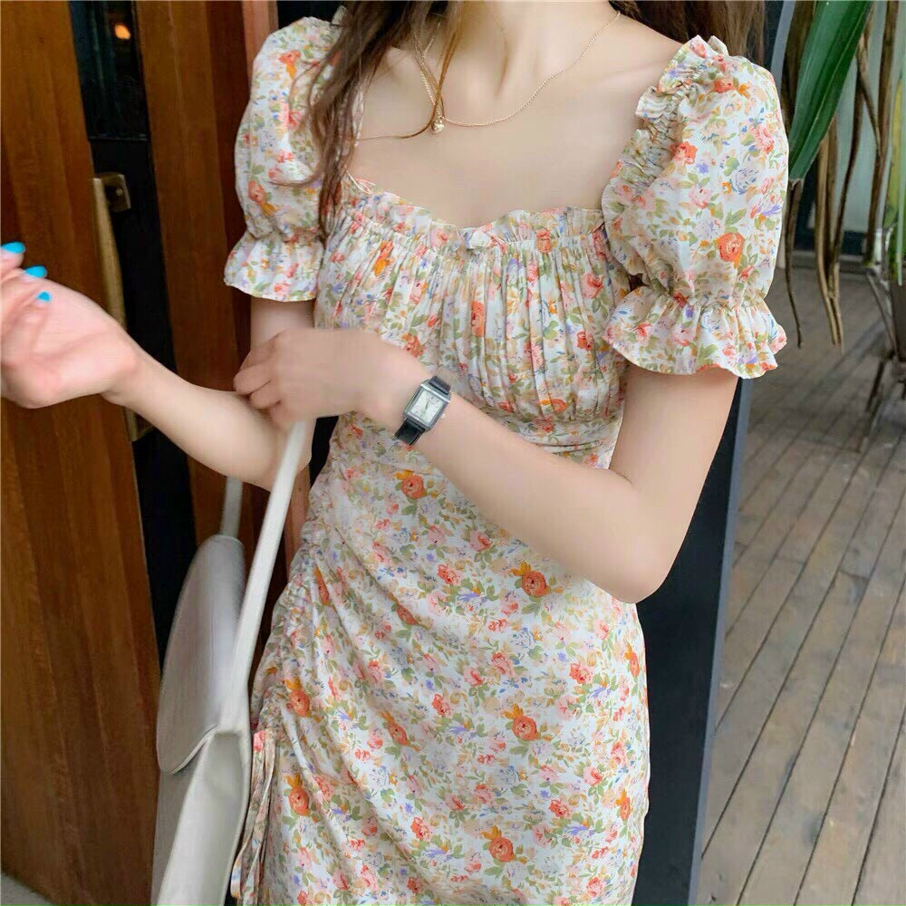 (Sale FreeShip) Đầm nữ dáng xòe nhẹ,đầm hoa nhí tay phồng rút dây xẻ tà quyến rũ,tone màu trẻ trung dễ mặc
