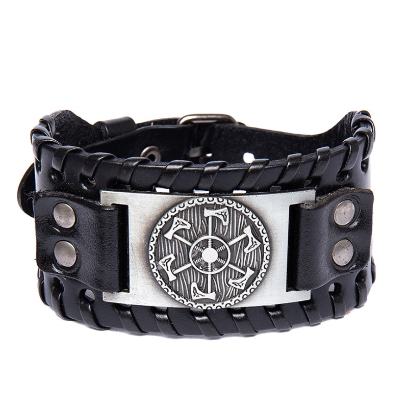 Vòng Tay Dây Da Bện Mặt Kim Loại Khắc Hình La Bàn Phong Cách Bắc Âu Thời Trang Cho Nam
