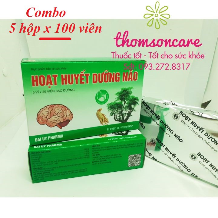 Combo 5 hộp Hoạt huyết dưỡng não, mỗi hộp 100 viên bao đường - hỗ trợ tăng cường tuần hoàn não, chính hãng Đại Uy