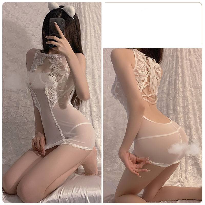 Đầm Ngủ Sườn Xám Phối Lưới Xuyên Thấu Phong Cách Retro Gợi Cảm Cho Nữ