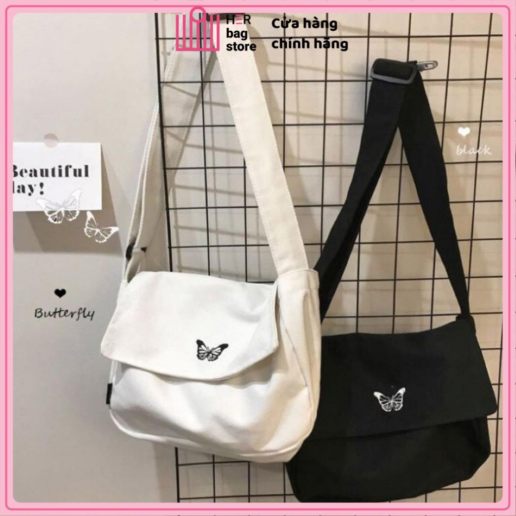 Túi tote vải canvas Nữ unisex cao cấp đựng đồ đi học, đi chơi thêu hình con bướm nhỏ dễ thương Hàn Quốc giá rẻ