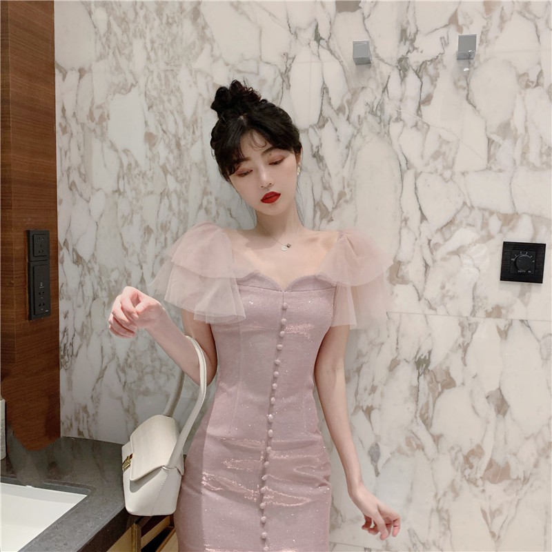 JANE'S Đầm ôm body dự tiệc tay phối bèo cánh tiên chất nhũ kim sa Tông Hồng HÀNG THIẾT KẾ  J0079 quyến rũ quảng châu