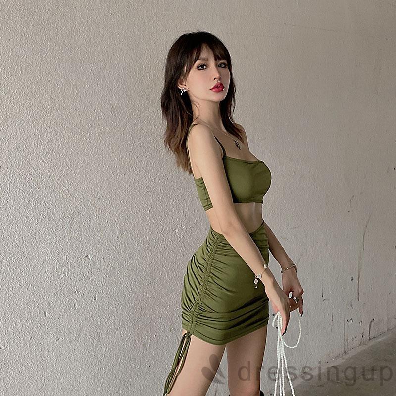 Váy Liền Một Mảnh Xéo Vai Màu Trơn Thiết Kế Vải Nhún Thời Trang Cho Nữ