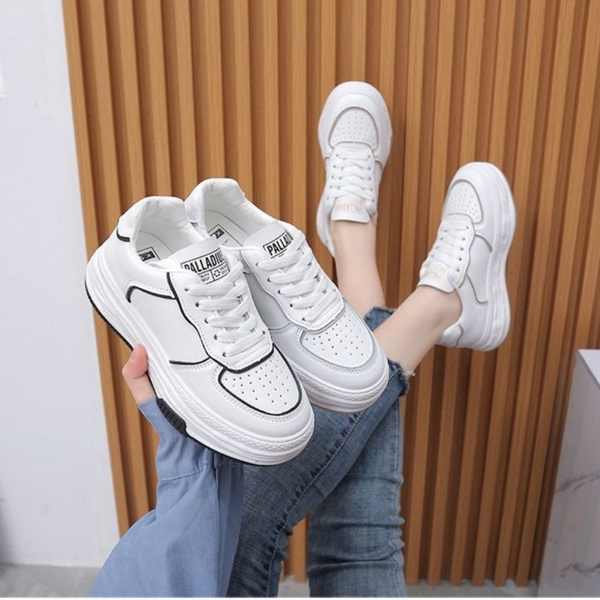 Giày Thể Thao Nữ Độn Đế Màu Trắng Cao Cấp Kiểu Hàn Quốc Êm Chân Thoáng Khí Tôn Dáng Cổ Vừa GTTN08