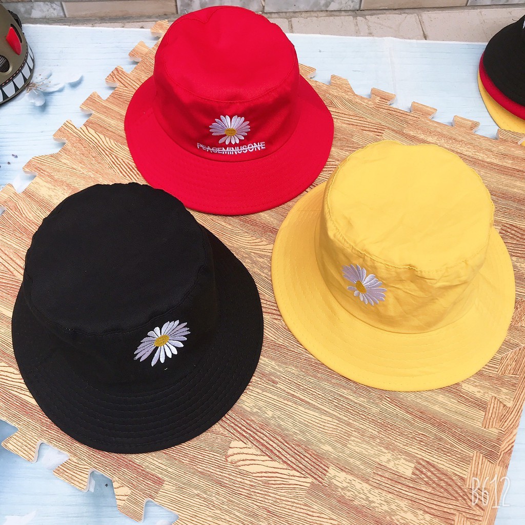Mũ BUCKET cute 1 mặt hot trend HOA CÚC vành rộng màu đen đỏ vàng trắng [ Full 16 màu chọn ]
