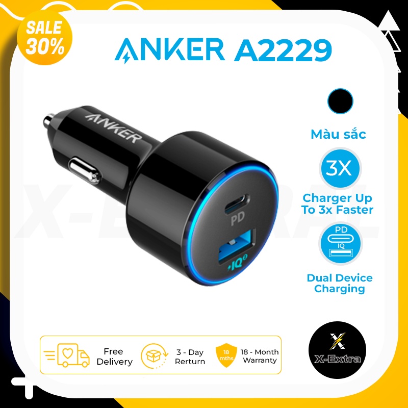 Tẩu sạc ô tô Anker A2229 2 Cổng 49.5W hổ trợ sạc nhanh 30W PowerDrive II - Bảo hành 12