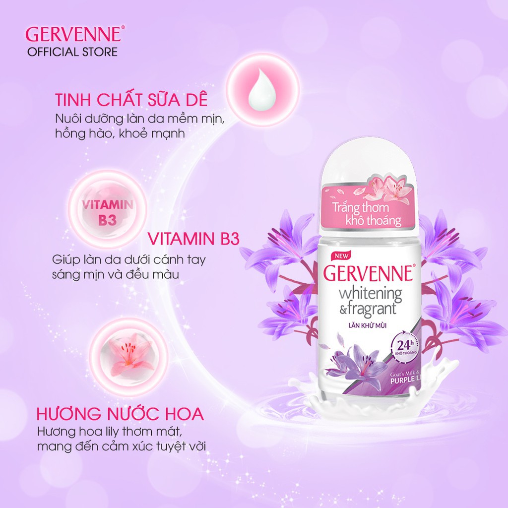 Combo Sữa tắm trắng danước hoa Gervenne Purple Lily1200g+Lăn khử mùi trắng da Purple Lily50ml