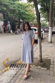 Váy bầu + sau sinh cổ sơ mi, cúc dọc