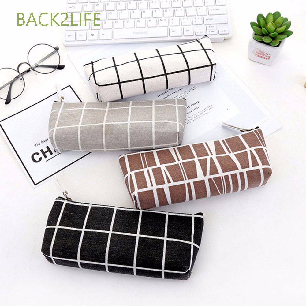 Túi đựng bút bằng vải canvas màu trơn họa tiết sọc caro dễ thương BACK2LIFE
