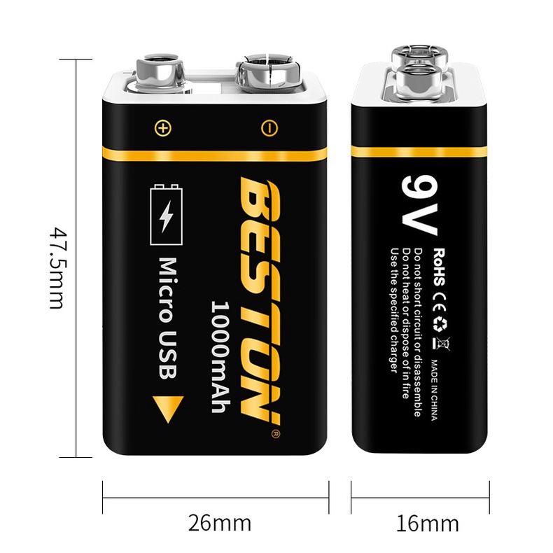 Pin sạc Beston 9v 1000mAh có cáp sạc trực tiếp bằng micro USB, sử dụng cho mic Karaoke, các thiết bị điện tử