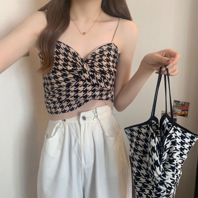 Brroa Áo Hai Dây Dệt Kim Họa Tiết Houndstooth Thời Trang Mùa Hè Cho Nữ