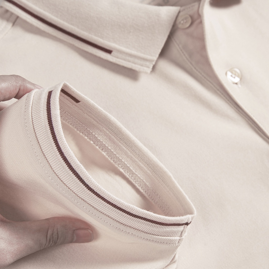 - Áo Thun Nam Có Cổ Polo Cao Cấp Màu Kem Be Phối Viền Sang Trọng