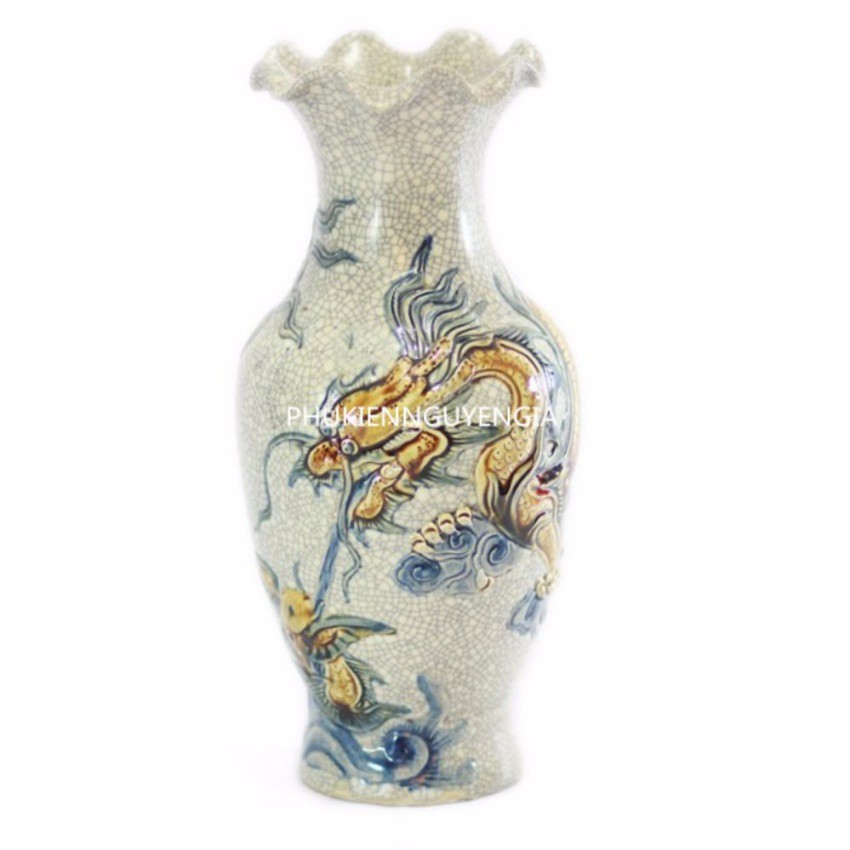 Lọ sứ Bát Tràng miệng loe vẽ Rồng nổi - men rạn cổ - cao 32 cm