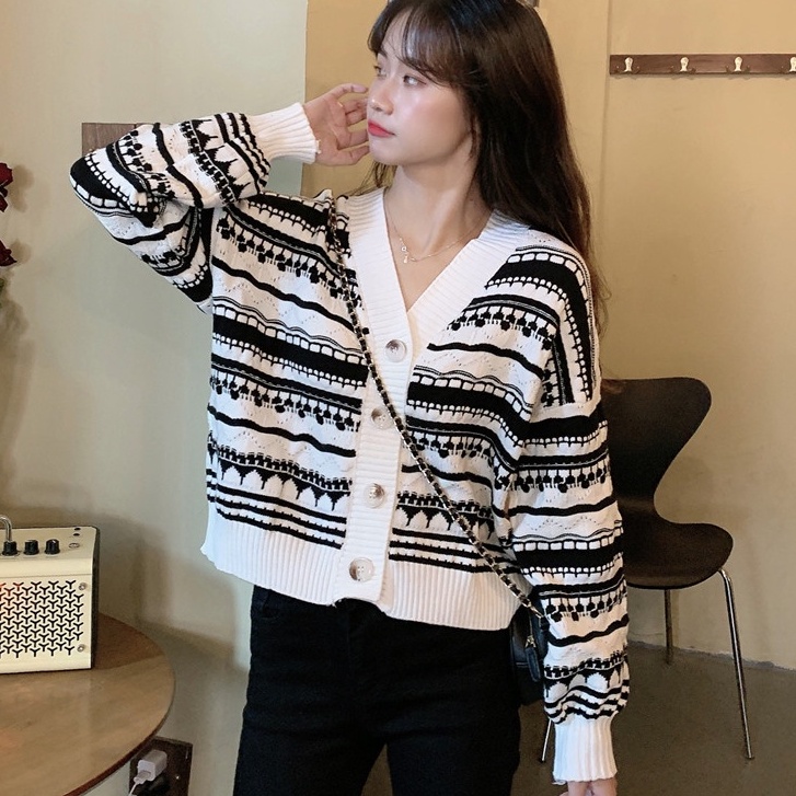 Áo Khoác Cardigan Cổ Chữ V Form Rộng Họa Tiết Kẻ Sọc Thời Trang Mùa Thu Phong Cách Hàn Quốc Mới Cho Nữ