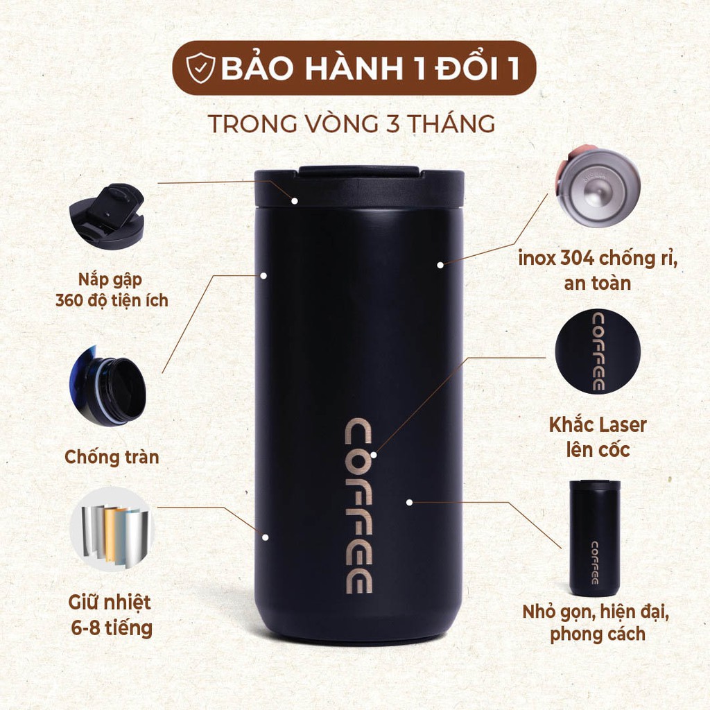 Cốc giữ nhiệt Coffeeholic 02 Lason, inox 304, chống tràn, ly uống cafe, đựng nước, lạnh, nóng 6 - 8 tiếng