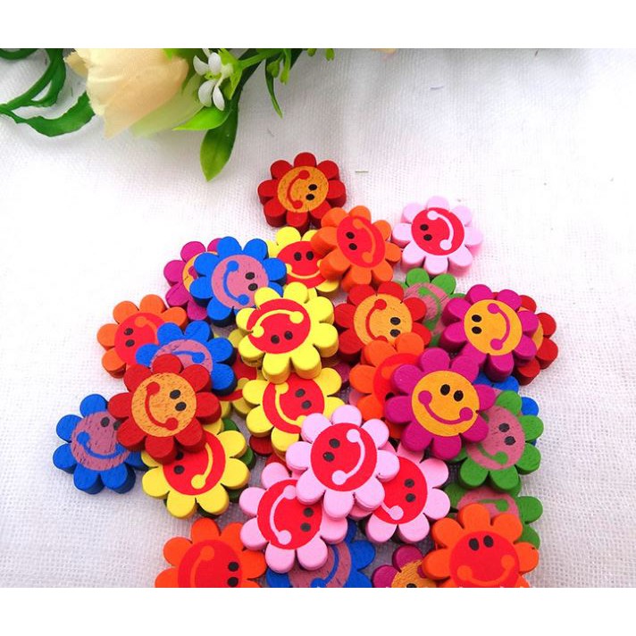 10 hoa gỗ 8 cánh in mặt cười 21mm làm đồ chơi, trang tr