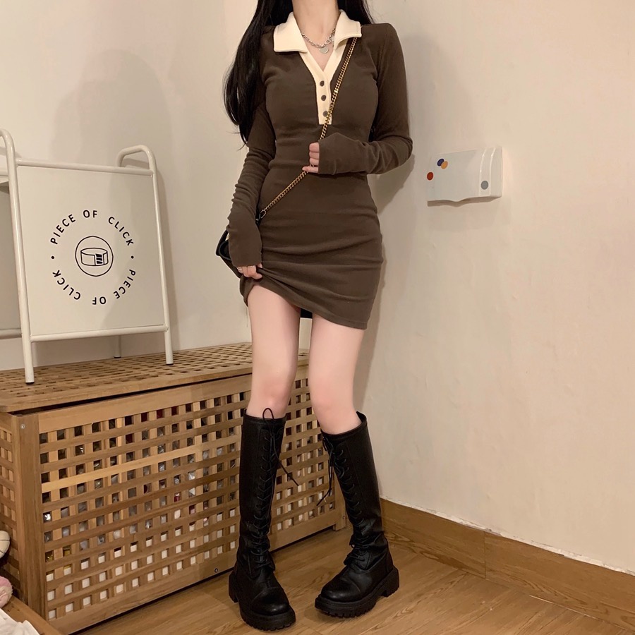 Đầm Tay Dài Cổ Polo Dáng Ôm Lưng Cao Kiểu Retro Hàn Quốc Thời Trang Cho Nữ