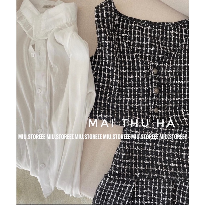 [ẢNH THẬT] SET 3 MÓN DẠ TWEED ÁO SƠ MI VOAN PHỐI BÈO + GILE KẺ CARO KÈM CHÂN VÁY A