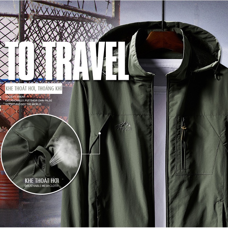 Áo khoác nam vải dù nhẹ thoáng khí không thấm nước nón có thể tháo rời - Hàng nhập khẩu - AK2102