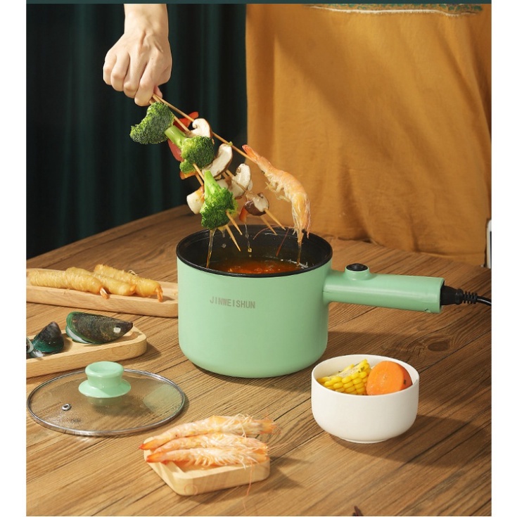 Ca Nấu Mì Dài, Nồi Lẩu Điện Mini 18cm Dantemei Cao Cấp Kèm Giá Hấp Inox, Tay Cầm Dài Tiện Lợi 2 Nắc Nhiệt