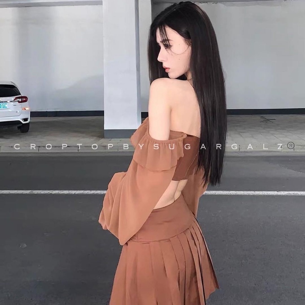 Set áo croptop tay dài bồng tiểu thư cổ vuông kèm chân váy xoè cạp cao - by SGGz